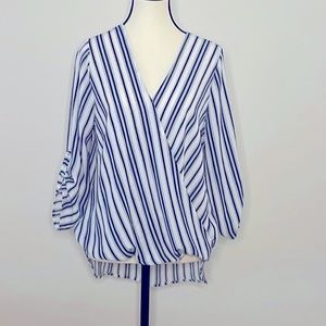 Striped Elegance: V-Neck 3/4 Sleeve High-Low Blouse